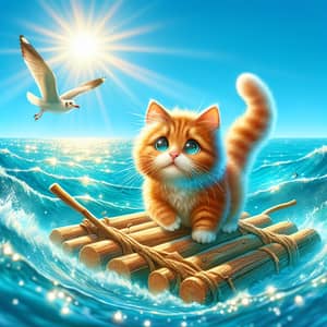 Adventurous Orange Tabby Cat Rafting in Azure Sea