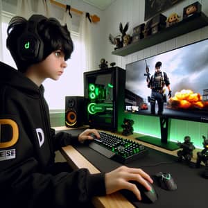 Black-Haired Boy Gamer with 'D' Logo Playing Free Fire in Gaming Office