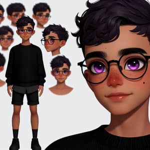 Mixed-Race Boy with Glasses, Black Outfit & Purple Eyes