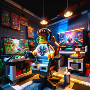 Dynamic Gamer Lego Scene in Arcade-Themed Room