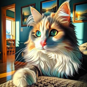 Detailed Domestic Cat Image | Fluffy Fur, Emerald Green Eyes