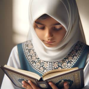 Omani Girl Reading Quran in White and Dark Blue Student Outfit