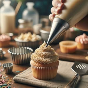 Decorative Buttercream Frosting on Cupcake | Baking Utensils Background