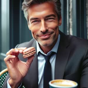Middle-Aged Politician Savoring French Macaron in Casual Setting
