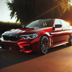 Luxurious Red BMW M5 Parked on Clean Asphalt Road