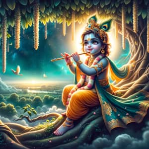 Divine Child Krishna - Traditional Indian Flute Player