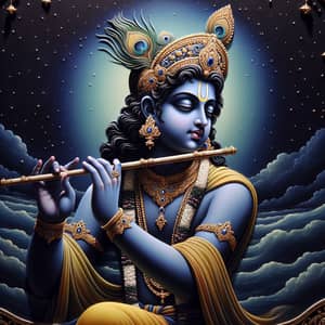 Lord Krishna - Divine Melody in Serene Night Sky