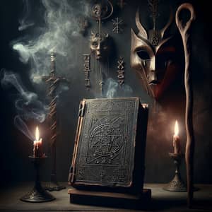 Sinister Mystical Power: Ancient Tome, Wooden Mask, and Crooked Staff