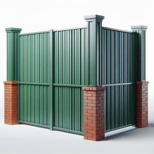 Vibrant Green Metal Fence with Brick Columns | Front View