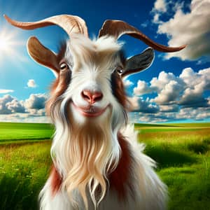 Happy Domestic Goat with Patchy Coat | Tranquil Countryside Scene