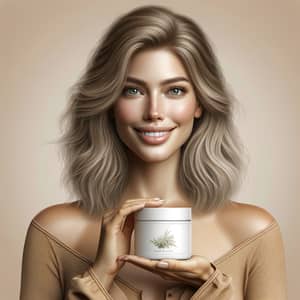 Smiling Caucasian Woman In Earth-Tone Attire Holding Derm Nix Skin-Care Product