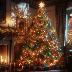 Beautiful Christmas Tree with Colorful Lights and Ornaments