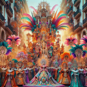 Vibrant La Semana Santa Celebration with Colorful Floats and Regal Attire