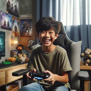 Joyful South Asian Boy Playing Modern Video Game