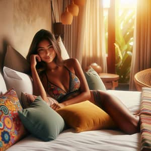 Charming Hispanic Girl in Bikini on Bed | Colorful Throw Pillows