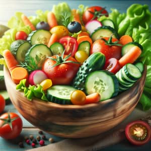 Colorful Vegetable Salad in Rustic Wooden Bowl
