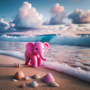 Pink Elephant on Beach with Sunset Sky | Friendly Seashell Observer