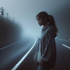 South Asian Girl Strolling on Foggy Highway at Night