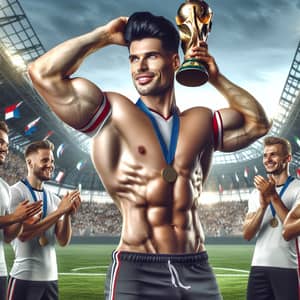 Muscular Soccer Player Lifting World Cup Trophy | Football Field Celebration