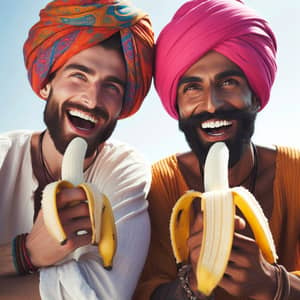 Vibrant Turban-Wearing Men Enjoying Bananas Outdoors