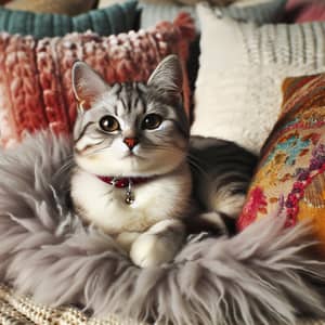 Medium-Sized Grey and White Striped Cat Relaxing on Colorful Pillows