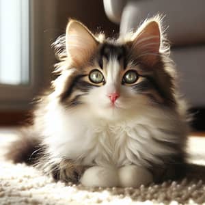 Fluffy Medium-Sized Domestic Cat Basking in Sunlight