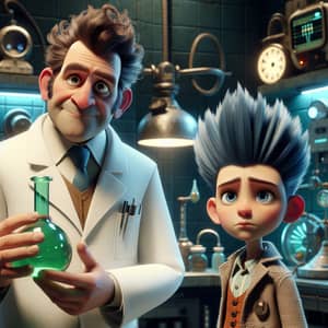 Rick and Morty: Sci-Fi Inspired Lab with Curious Scientist and Worried Teen