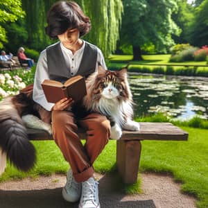 Middle-Eastern Boy Reading Book with Maine Coon Cat in Park