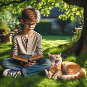 Serene Scene: Boy Reading Book With Cat Under Oak Tree