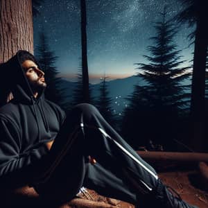 Tranquil Middle-Eastern Man in Forest Under Starry Night Sky