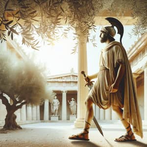 Ancient Greek Attire and Xiphos Sword in Olive Grove Setting