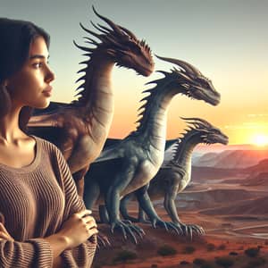 Hispanic Woman with Three Dragons | Enchanting Sunset Scene