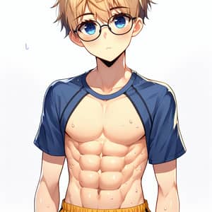 Anime-Style Teen with Blonde Hair, Blue Eyes, and Eight-Pack Abs