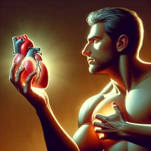 Surreal Art: Caucasian Man Holding Glowing Heart in Hand