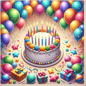 Colorful Birthday Cake & Balloons Celebration