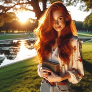 Redhead Woman in Lush Green Park at Golden Hour | Vintage Book