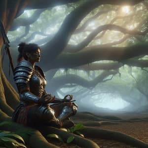 South Asian Female Warrior Meditating Under Majestic Tree