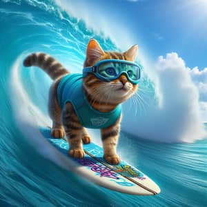 Adventurous Surfing Cat: Mastering Ocean Wave with Safety Gear