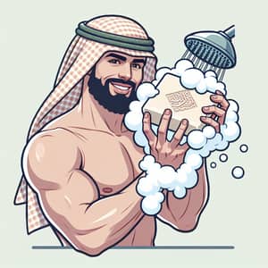 Middle-Eastern Man in 30s Enjoying Shower with Natural Soap