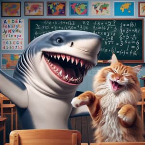 Joyous Cat Plays with Shark in Educational Setting