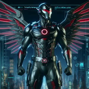 Futuristic Superhero with AI - Black and Red Armor