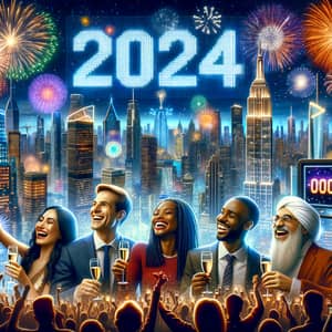 Vibrant New Year 2024 Celebration in Cityscape | Fireworks & People Toasting