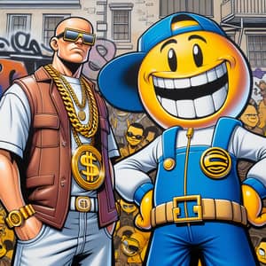 Hip-Hop Style Man With Cartoon Character in Urban Setting