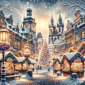 Snow-Laced Winter Town Illustration: Prague-Inspired Festive Scene