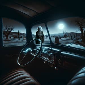 Eerie Haunted Scene: Spooky Lady by Vintage Car