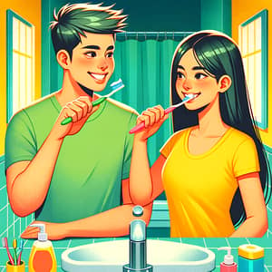 Brightly Colored Bathroom Toothbrushing Scene