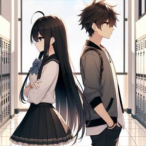 Anime Boy and Girl Back to Back in School Setting