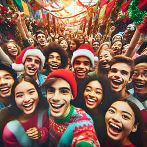 Ethnically Diverse Students Celebrate Holiday Season: Joyful Festive Scene