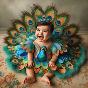 Joyous South Asian Baby in Colorful Peacock Costume