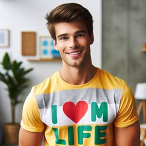 Happy Young Man in 'I Love My Life' T-shirt